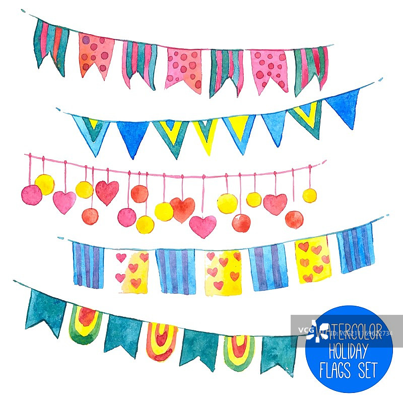 水彩节日旗帜和花环矢量图图片素材