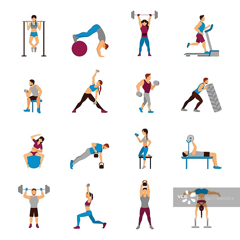 力量训练组合：男女运动人物矢量插画图片素材