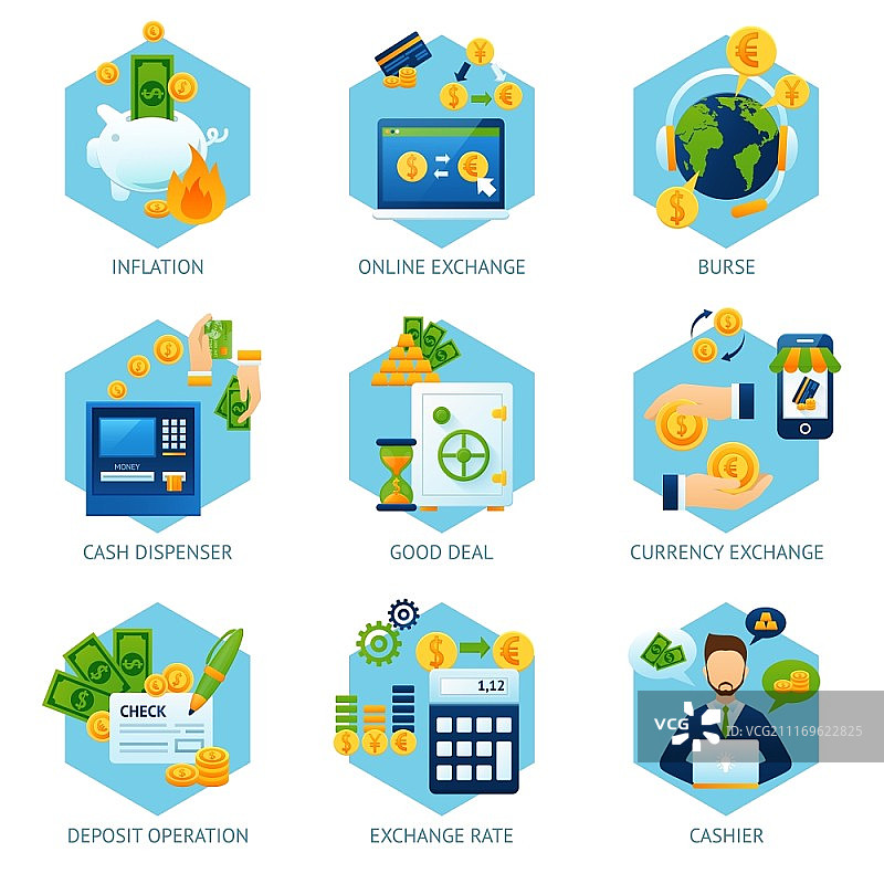 货币兑换概念集：包含现金分配、存款操作等图标的矢量图图片素材