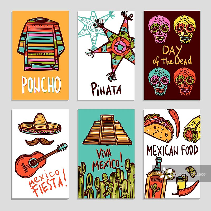 墨西哥手绘poncho披纳塔和食物元素海报矢量素材图片素材