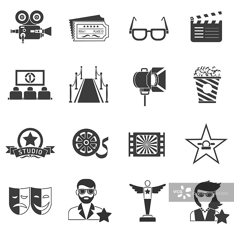 电影图标黑色合集：演员、胶片与奖项矢量图图片素材