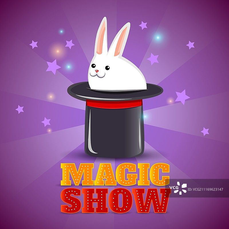 帽子戏法表演背景海报：帽子戏法中变出神奇兔子的巡回马戏团演出广告背景海报抽象隔离矢量图图片素材