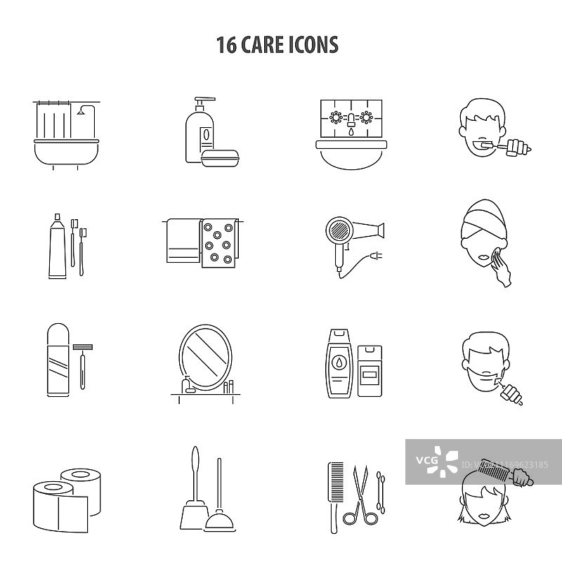 个人护理用品图标线性集合：男女浴室用品抽象矢量插画图片素材