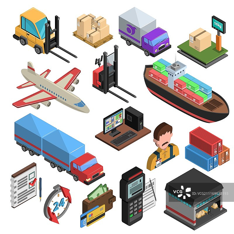 2.5D物流运输方式等距图标集：卡车货轮飞机集装箱仓库称重机图片素材