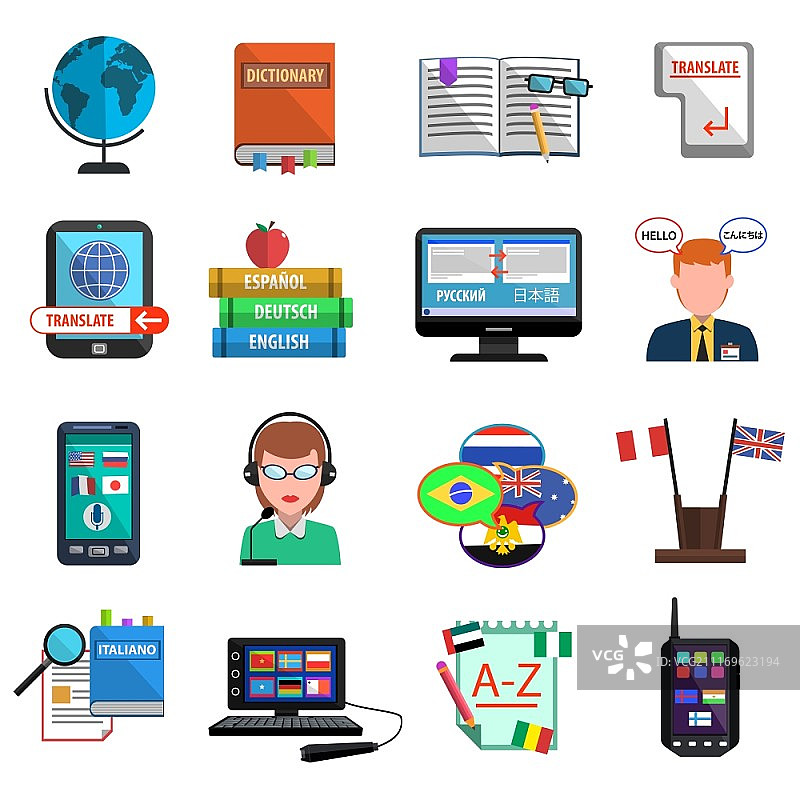 多语种翻译彩色扁平图标集。多语种翻译器和口译员扁平风格彩色图标集隔离矢量图图片素材