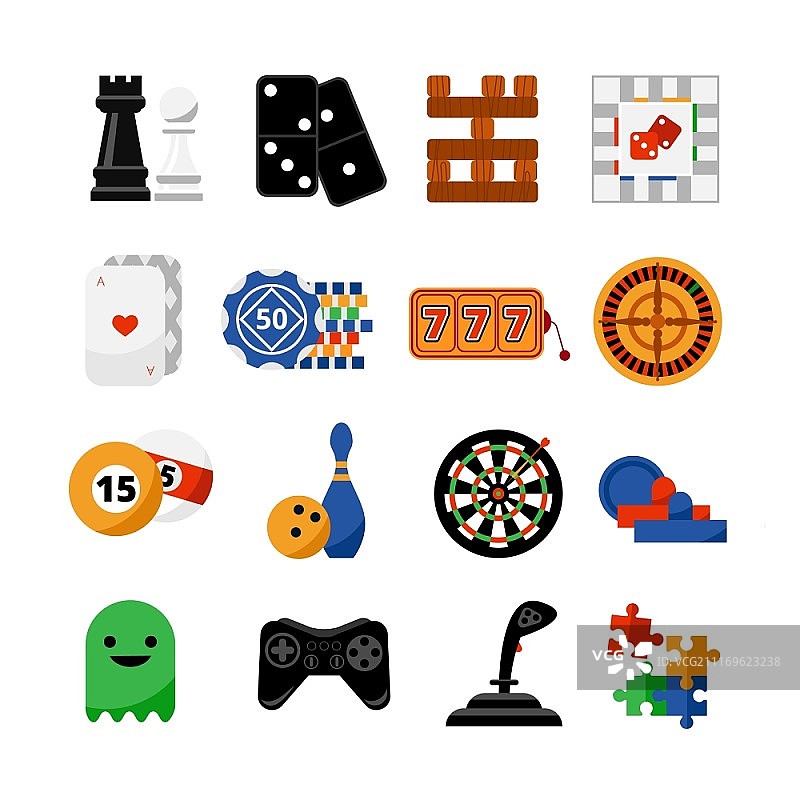 赌场游戏扁平图标合集：传统和流行的电子网络博彩游戏符号扁平图标抽象矢量插画图片素材