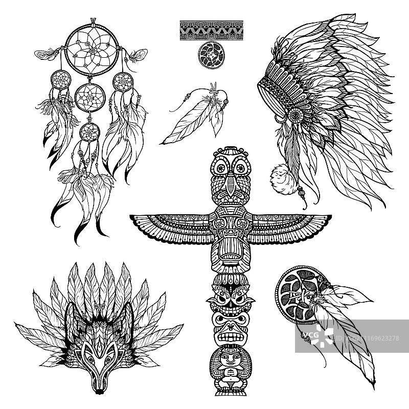 部落涂鸦套装：动物面具和图腾图片素材