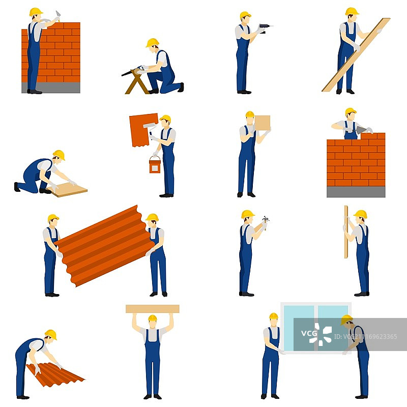 建筑工人图标集，带工作人物剪影图片素材