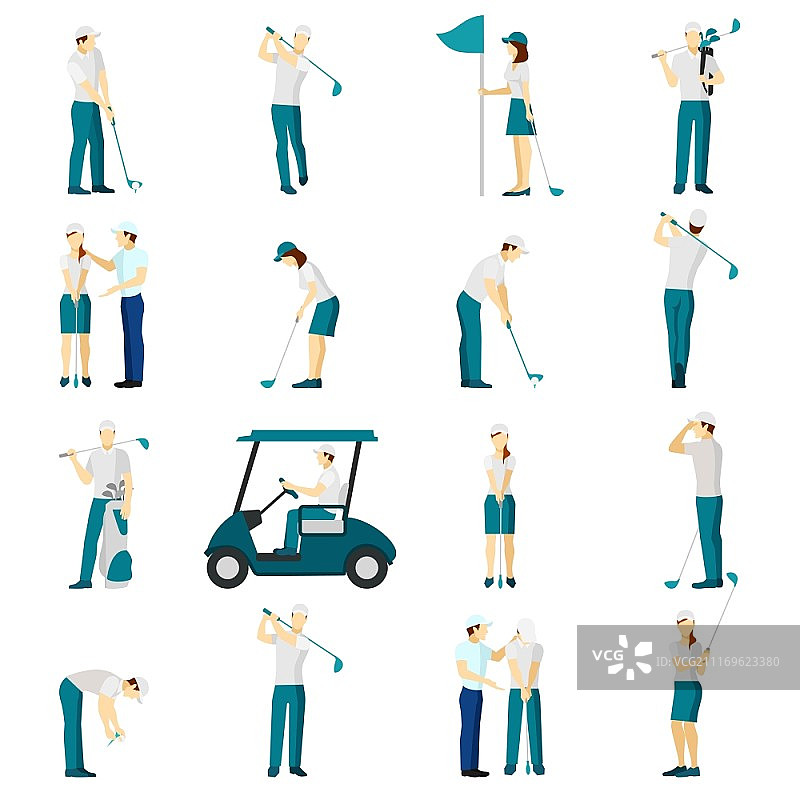 打高尔夫球的男女剪影扁平图标集矢量插画图片素材