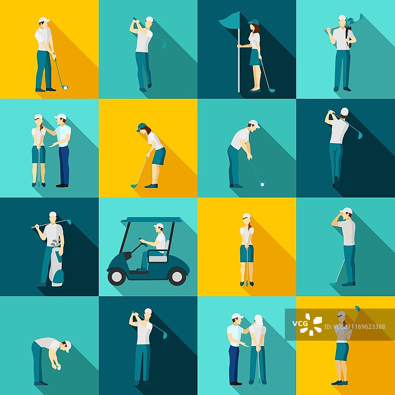 人们打高尔夫球扁平长阴影图标集矢量图图片素材