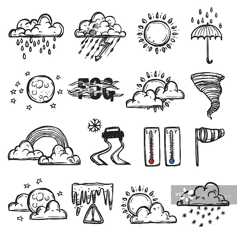 包含天气预报和自然图标的天气涂鸦素材图片素材
