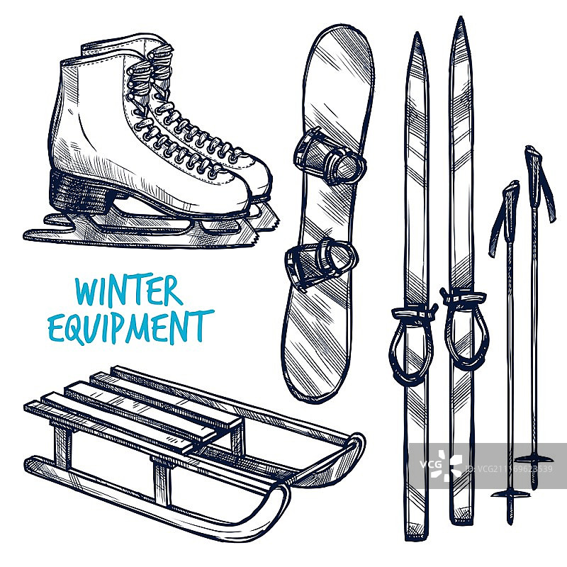 手绘冬季运动物品素描（滑雪橇和滑雪板，矢量插图）图片素材