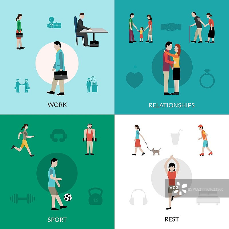 包含工作、运动、休息的生活方式设计理念矢量图图片素材