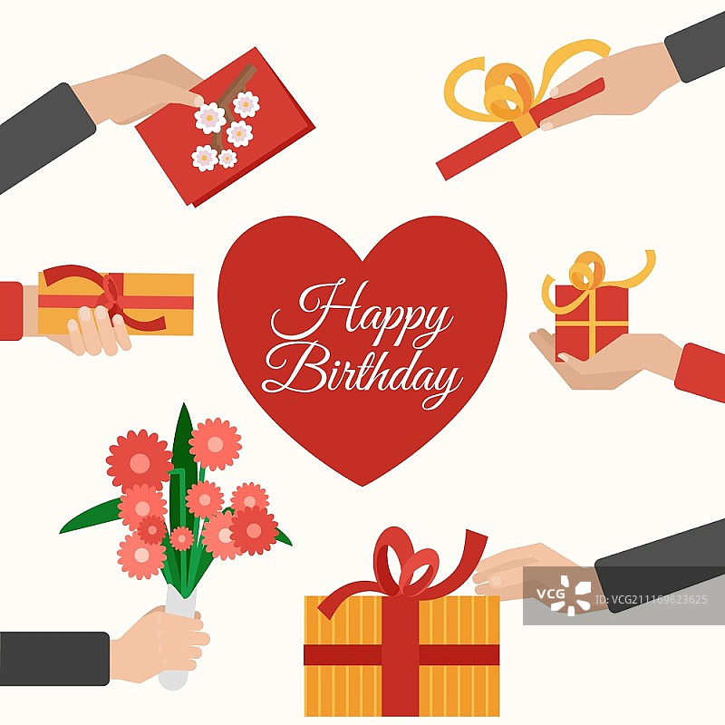 手捧礼物扁平图案组合。生日礼物赠送和接收手扁平图案组合，带心形符号抽象矢量孤立插图图片素材