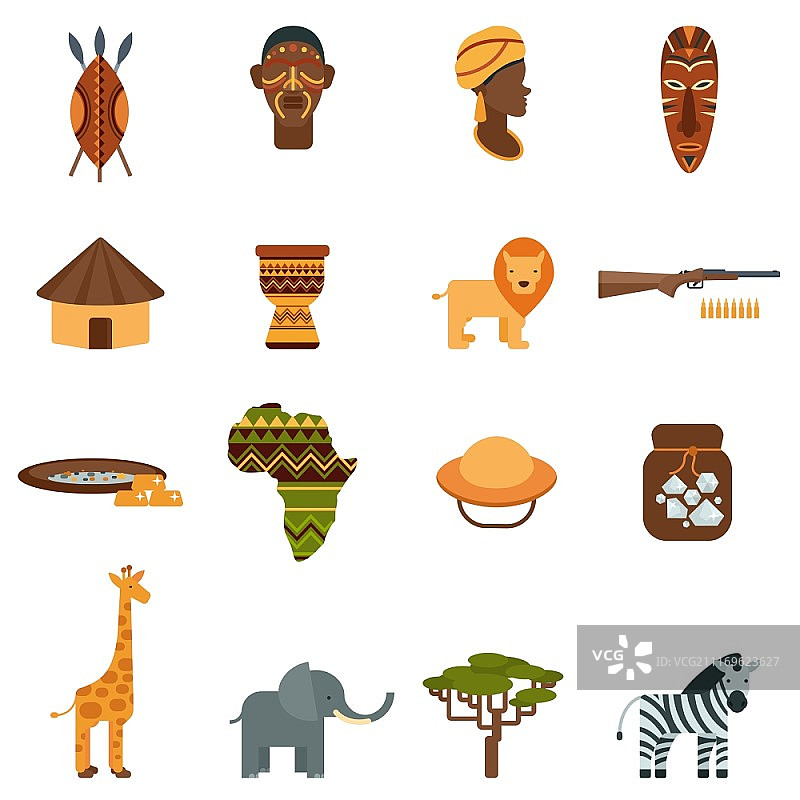 非洲世界扁平风格图标集：非洲自然世界与文化黑色图标，包含野生动物和植物抽象矢量图图片素材