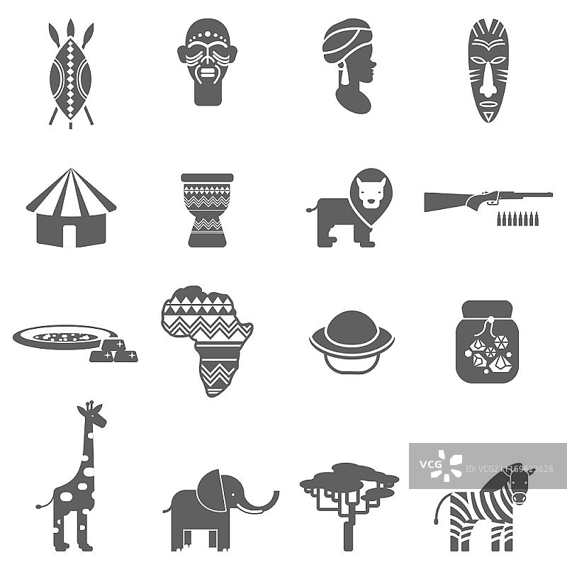 非洲自然野生动物和文化黑色图标集，包括陶器面具抽象孤立矢量图。非洲文化黑色图标集图片素材
