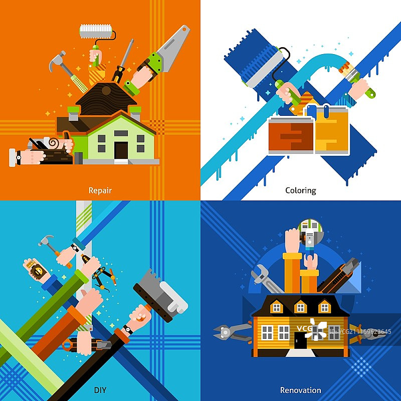 DIY设计概念，含维修工具扁平图标矢量素材图片素材