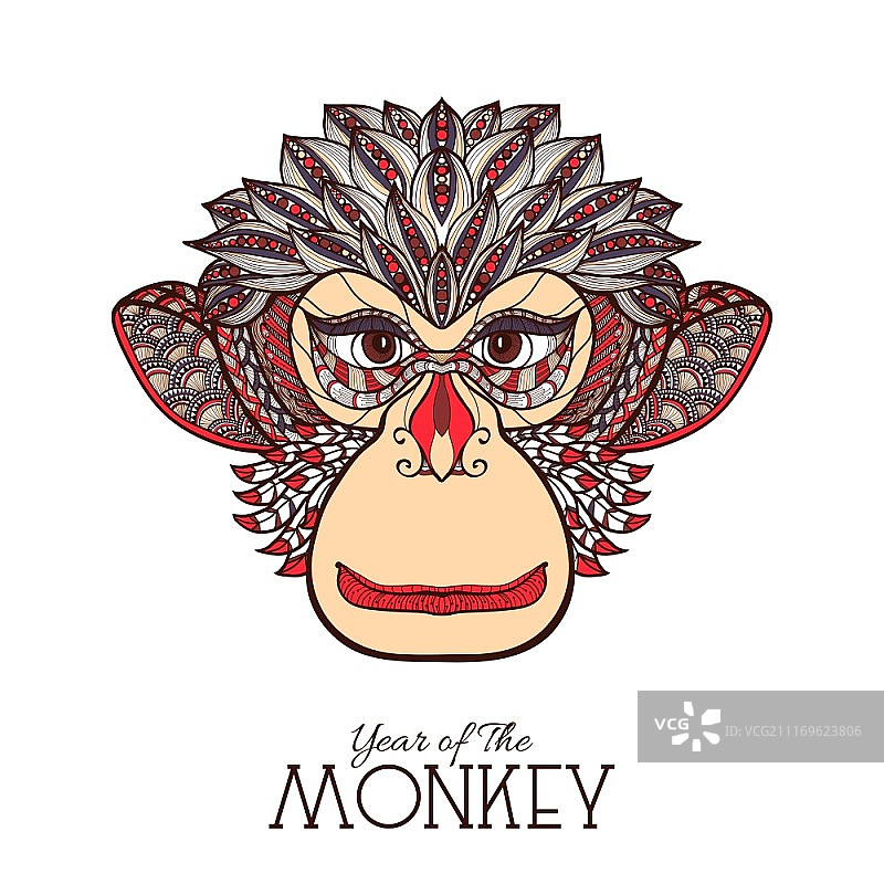 手绘彩色猴子正面头像矢量图图片素材