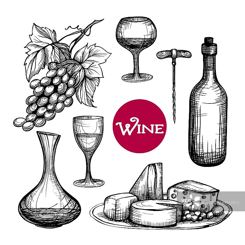 手绘葡萄酒套装，含葡萄枝、饮料瓶、奶酪，独立矢量图。手绘葡萄酒套装图片素材