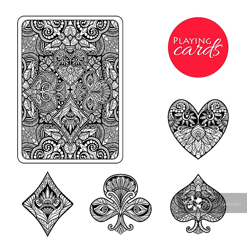 手绘花纹装饰扑克牌花色套装矢量图图片素材