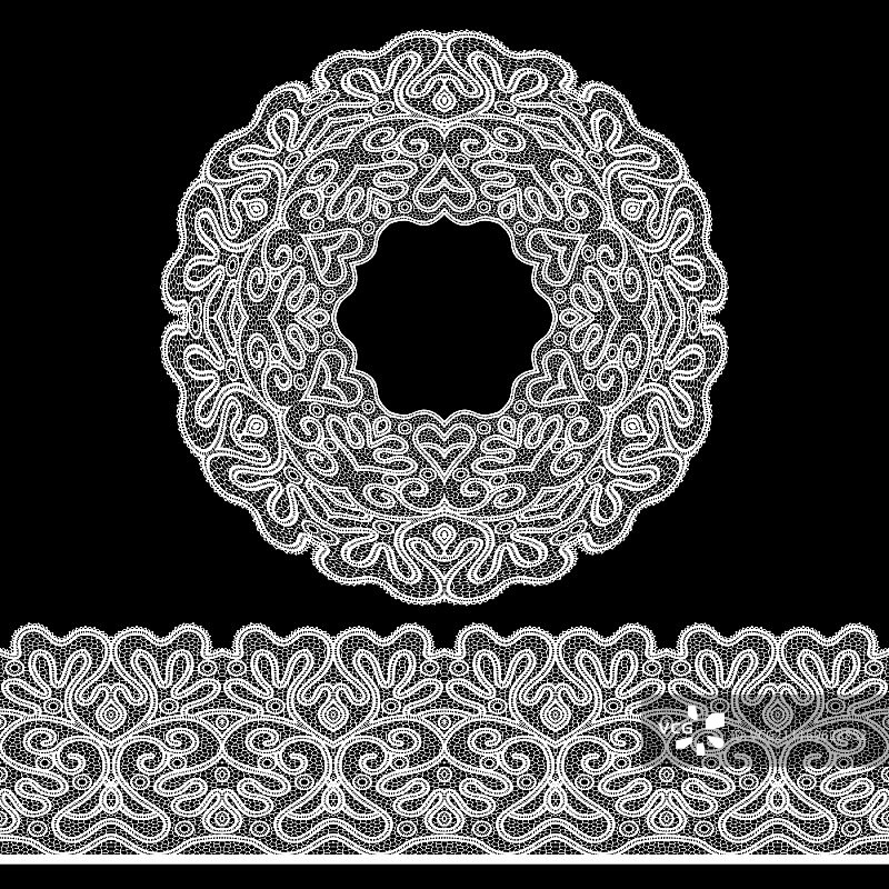 黑色背景上的复古蕾丝无缝边框矢量图。蕾丝边框套装图片素材