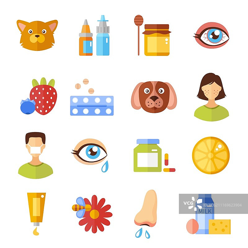 过敏类型和原因图标：各种类型的过敏原因扁平风格图标矢量图图片素材