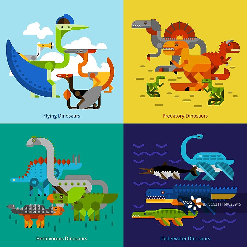 恐龙设计概念组合：飞行水下掠食性史前动物扁平图标矢量图图片素材
