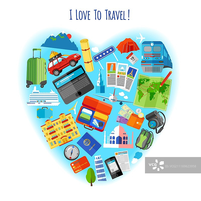 热爱旅行概念图标海报。热爱旅行概念心形组合，包含度假旅游象形图背景海报扁平抽象矢量插图。可编辑EPS和JPG格式渲染图片素材