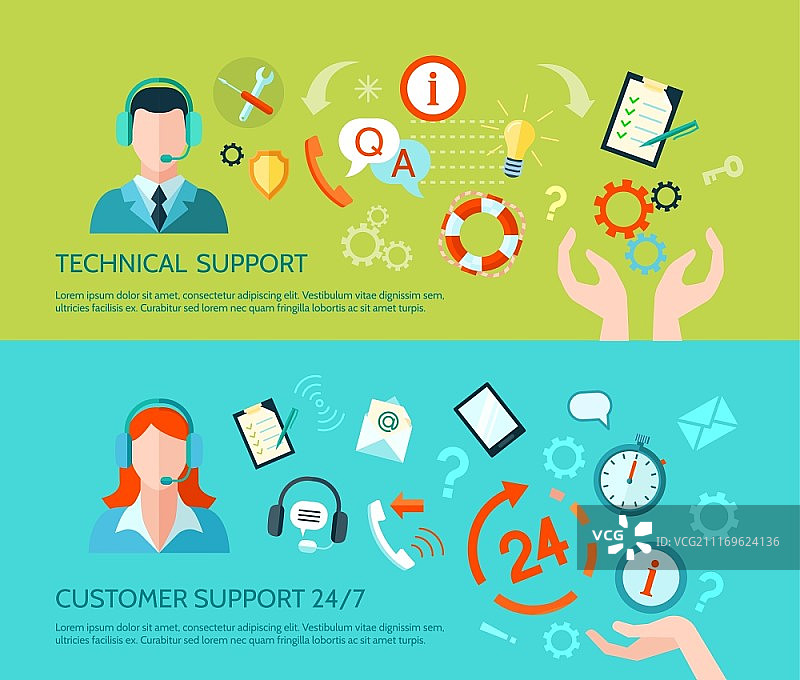 技术援助和客户支持banner：全天候服务扁平风格横幅矢量素材图片素材