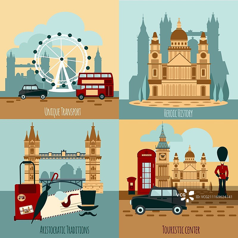 伦敦旅游设计概念：交通与历史图标图片素材