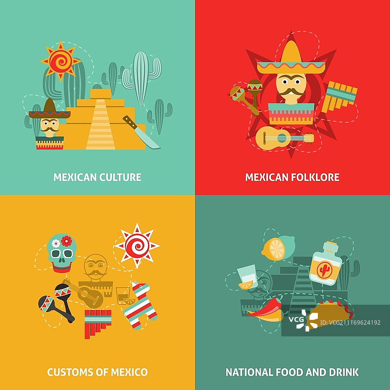墨西哥图标集：包含文化、习俗、民俗和食物符号的墨西哥扁平图标矢量图图片素材