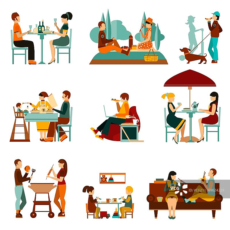 外出就餐人物和房屋扁平图标矢量图图片素材