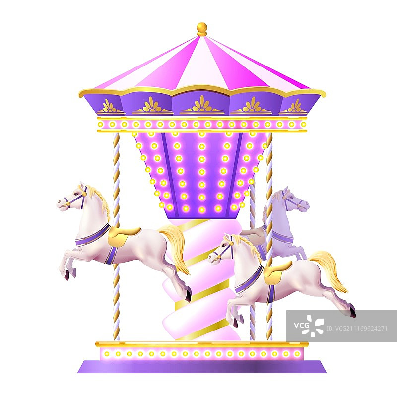 复古旋转木马逼真白马金色灯光矢量插画图片素材