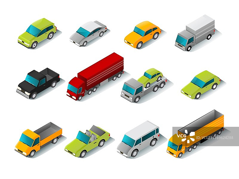 具有3D厢型车和卡车的2.5D汽车图标集隔离矢量图。2.5D汽车图标集图片素材