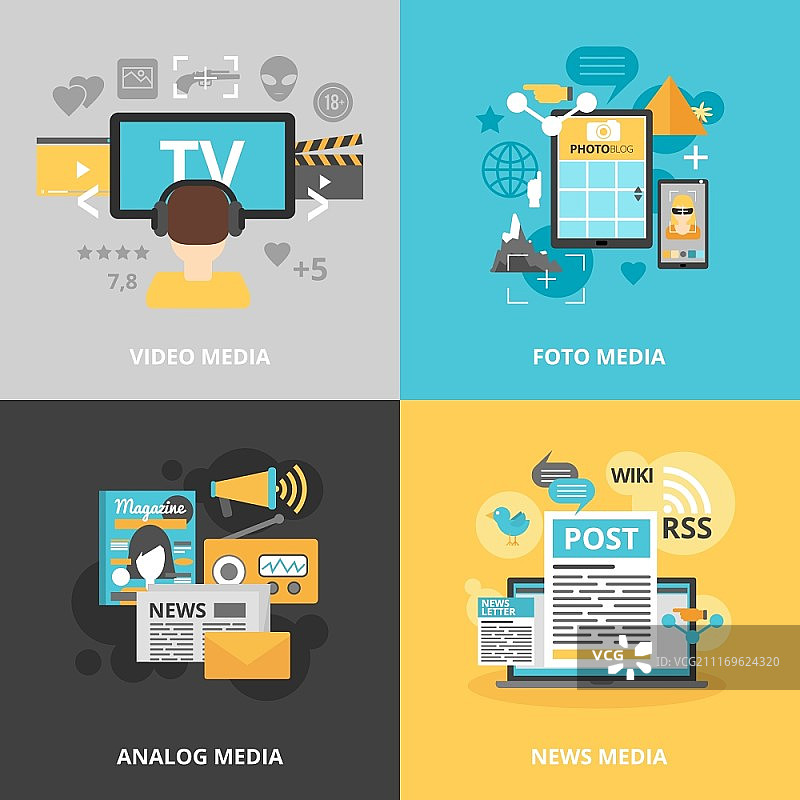 媒体行业图标集：包含视频、照片、模拟和新闻媒体符号的扁平矢量插图图片素材