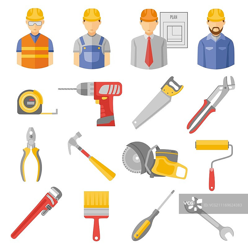 建筑工人工具扁平图标集：包含工作项目管理和木工工具等抽象矢量素材图片素材