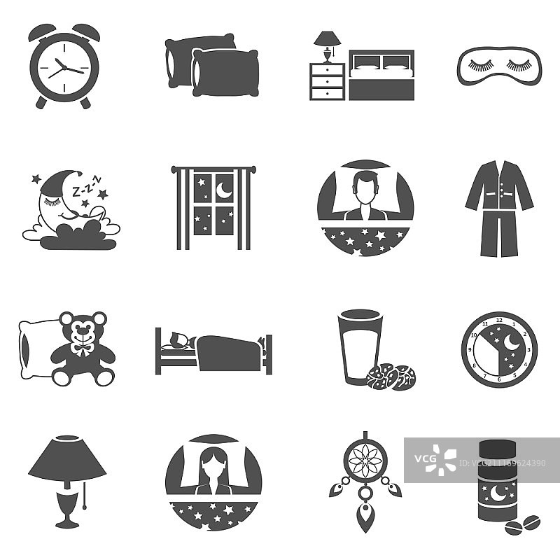 含月亮、窗户和睡衣的睡眠时间黑色图标集图片素材