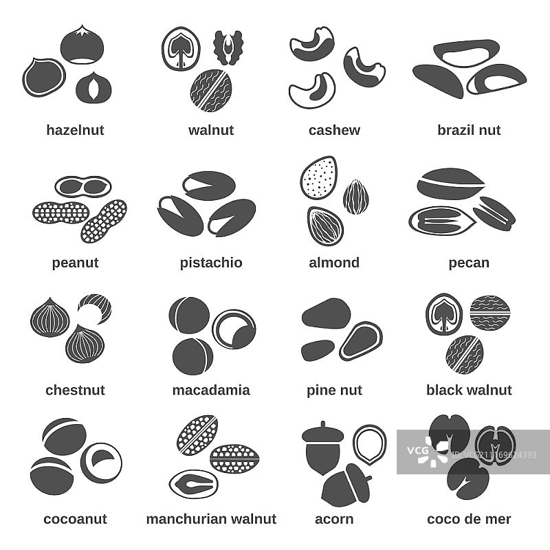 黑色坚果图标矢量素材（含巴西坚果、花生、开心果、核桃）图片素材