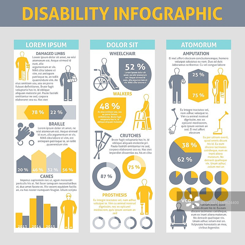 残疾人信息图集：使用拐杖、假肢和盲文符号的残疾人信息图矢量插画图片素材