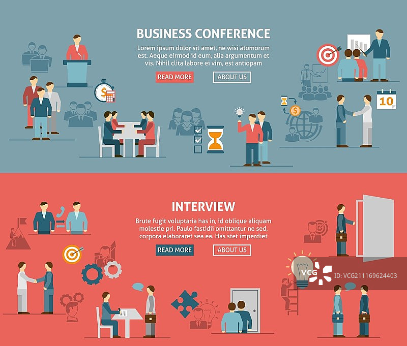 人们会面扁平横幅构图。人们会面进行商务演示讨论和研讨会矢量插图的扁平横幅构图图片素材