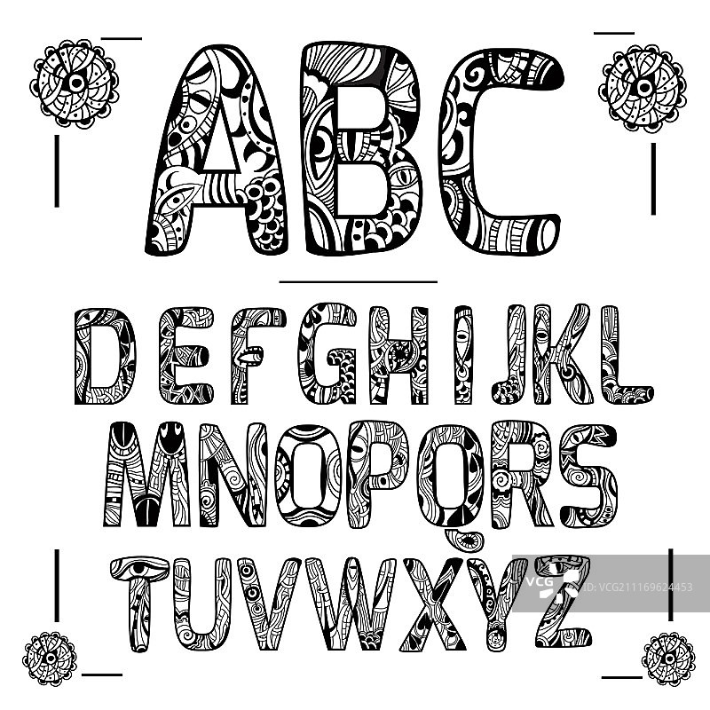 带有装饰图案的Zentangle字母黑色大写字母，隔离矢量图。Zentangle字母黑色图片素材