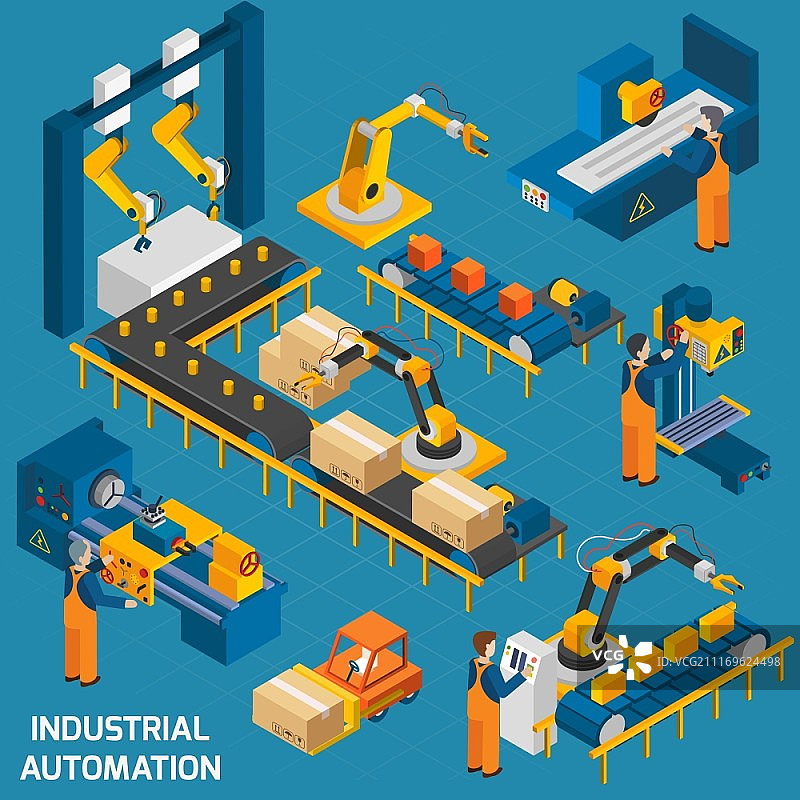 2.5D机器人机械装置图标集。包含机器人机械和带有控制器的操作员矢量素材图片素材