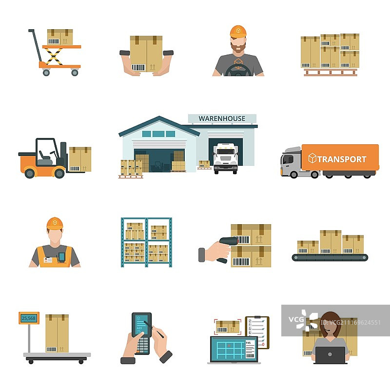 仓库图标集：包含包裹和运输符号等元素图片素材