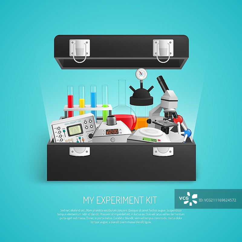 具有化学实验室设备的逼真科学装置3D矢量图图片素材