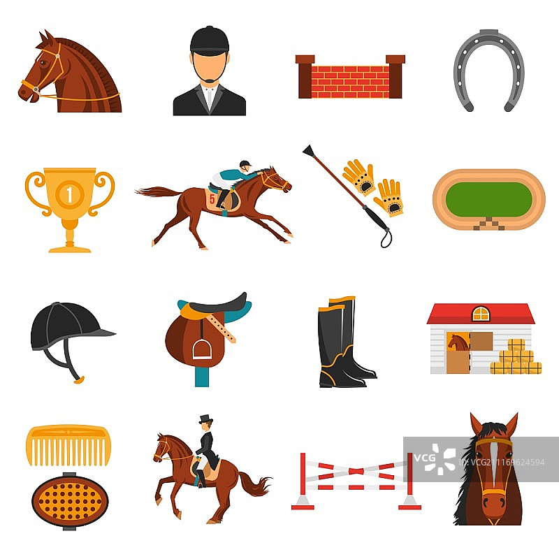 马术设备扁平风格彩色图标集. 马术运动器材矢量图图片素材