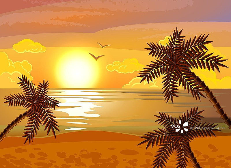 热带海滩日落banner：傍晚海景椰林风情夏季海报，扁平抽象矢量插画图片素材