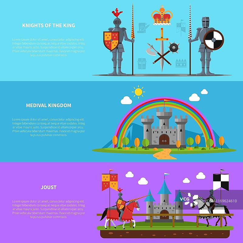 中世纪骑士扁平横幅套装。中世纪王国城堡与重装骑士和骑兵扁平横幅套装抽象孤立矢量图图片素材