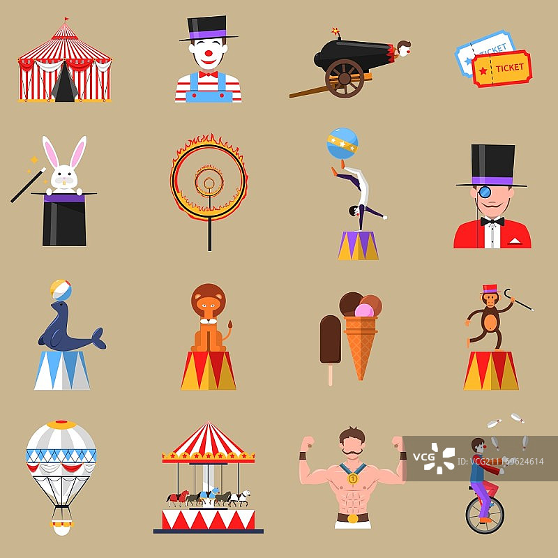 复古马戏团扁平图标合集：大力士、小丑和兔子戏法矢量图图片素材