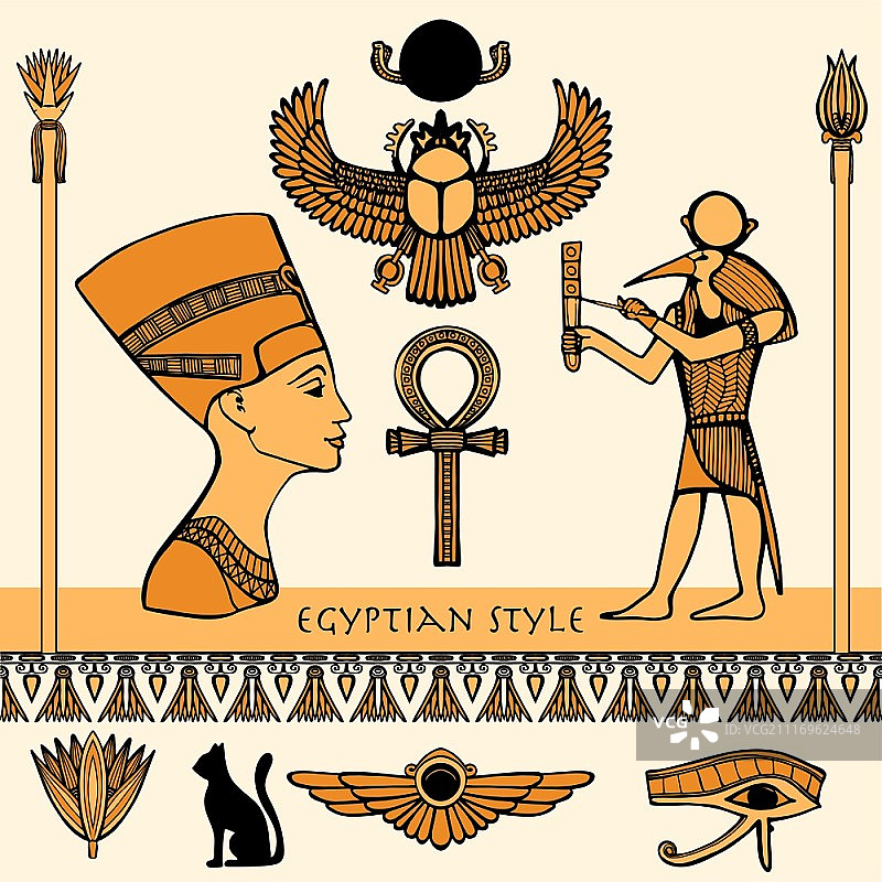 埃及彩色符号集，带有纳芙蒂蒂侧面轮廓的独立矢量图。埃及颜色集图片素材