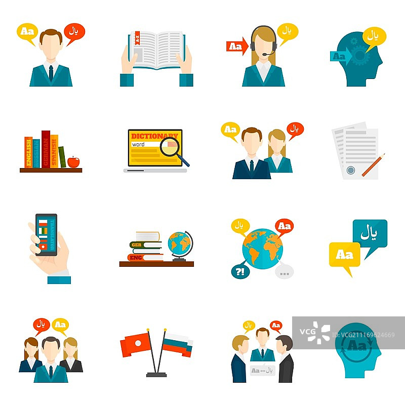 翻译外语交流和词典扁平风格图标矢量图图片素材